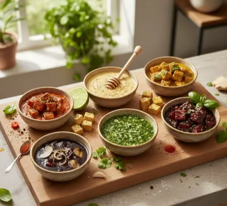 Sechs verschiedene Tofu Marinaden