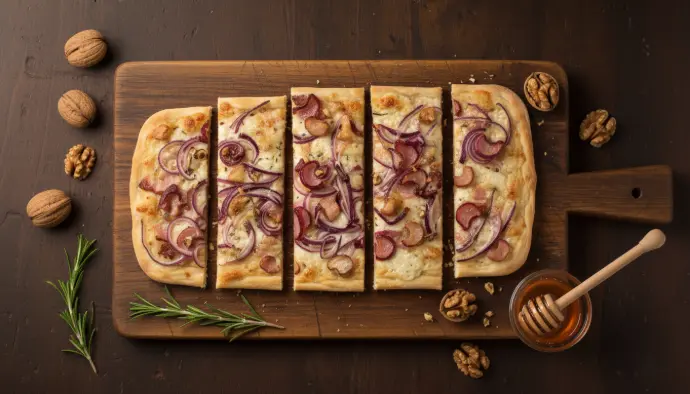 Flammkuchen mit Ziegenfrischkäse, roten Zwiebeln und Walnüssen PANJANS Flammkuchen mit Ziegenfrischkäse, roten Zwiebeln und Walnüssen