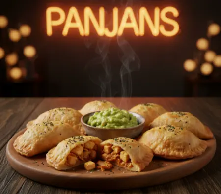 Goldbraun gebackene Hähnchen Kimchi Empanadas serviert mit einem frischen Guacamole Dip