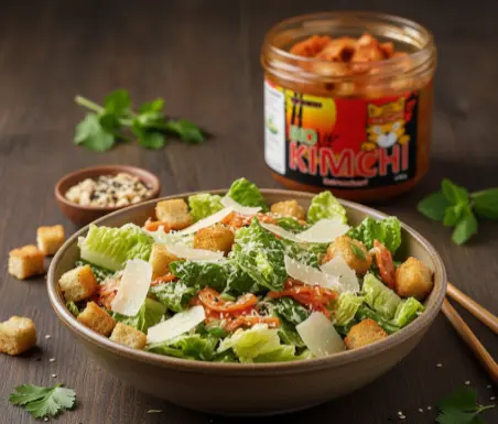 Frischer Kimchi Caesar Salat in einer Schüssel, im Hintergrund ein Glas PANJANS Kimchi für die Zubereitung.