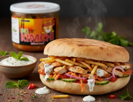 Herzhafter Döner mit Fleisch, Kimchi und Kartoffelschnipsel Herzhafter Döner mit Fleisch PANJANS Kimchi Kartoffelschnipsel