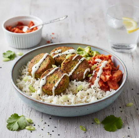 PANJANS Kimchi Falafel Bowl mit Reis und cremigen Joghurtdressing
