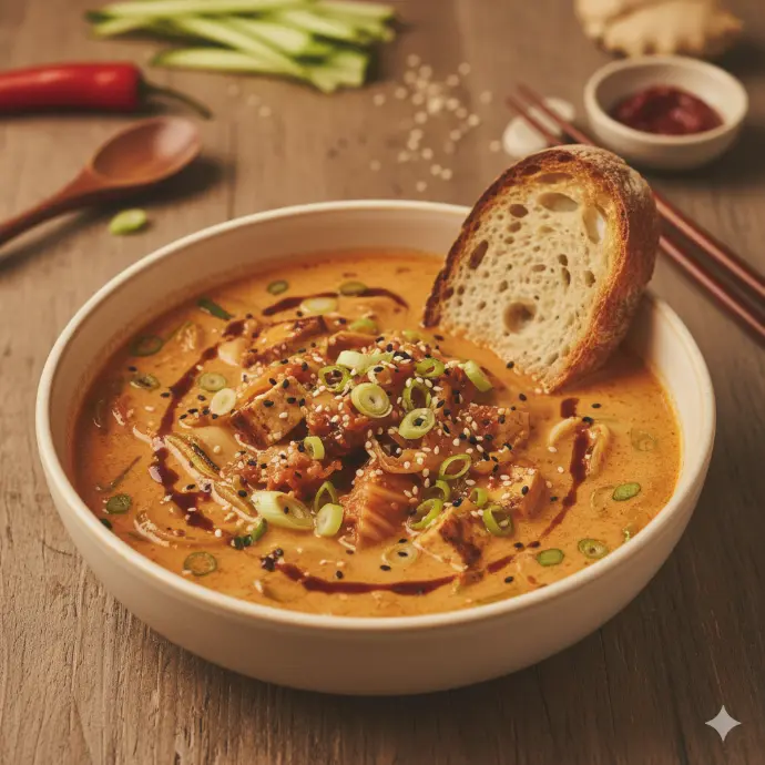 Cremig würzige Kimchi Lauchsuppe serviert mit einer Scheibe goldbraun getoastetem Bauernbrot