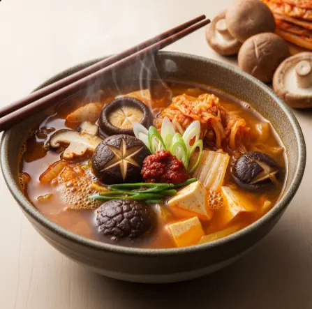 Umami-reiche Miso Suppe mit fermentiertem Kimchi, fleischigen Shiitake Pilzen und Seidentofu