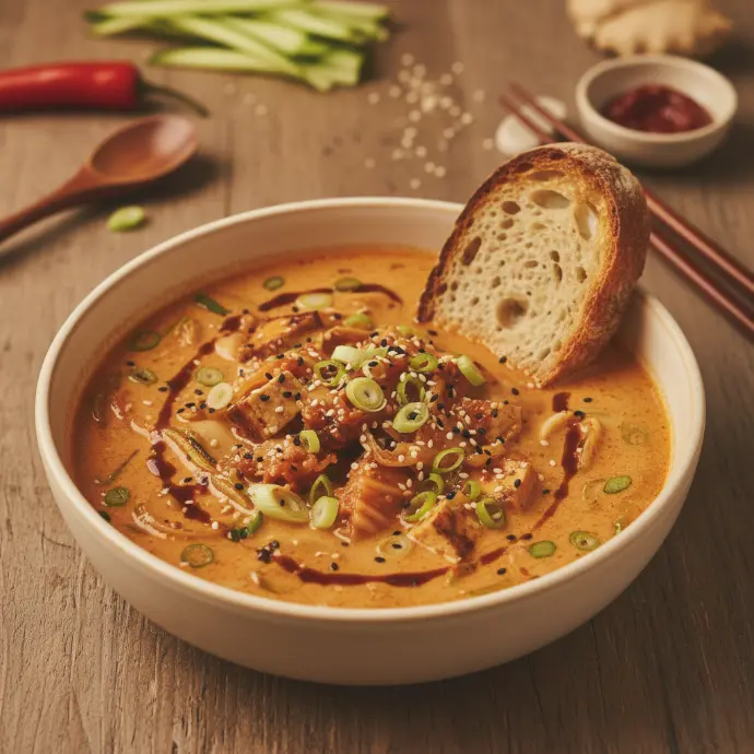 cremige PANJANS Kimchi Lauch Suppe mit Räuchertofu