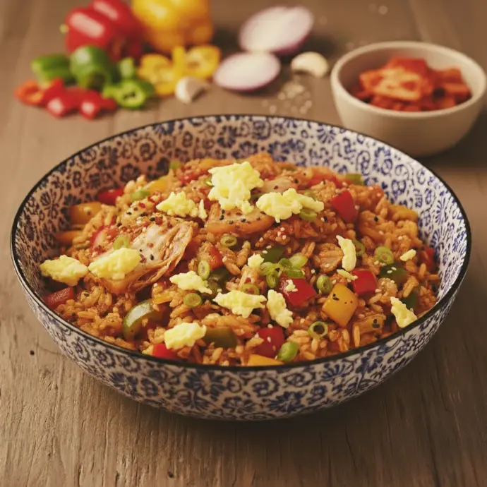 Bunter Kimchi Bratreis mit roten Paprikastücken und fein geschnittenen Lauchzwiebel-Ringen