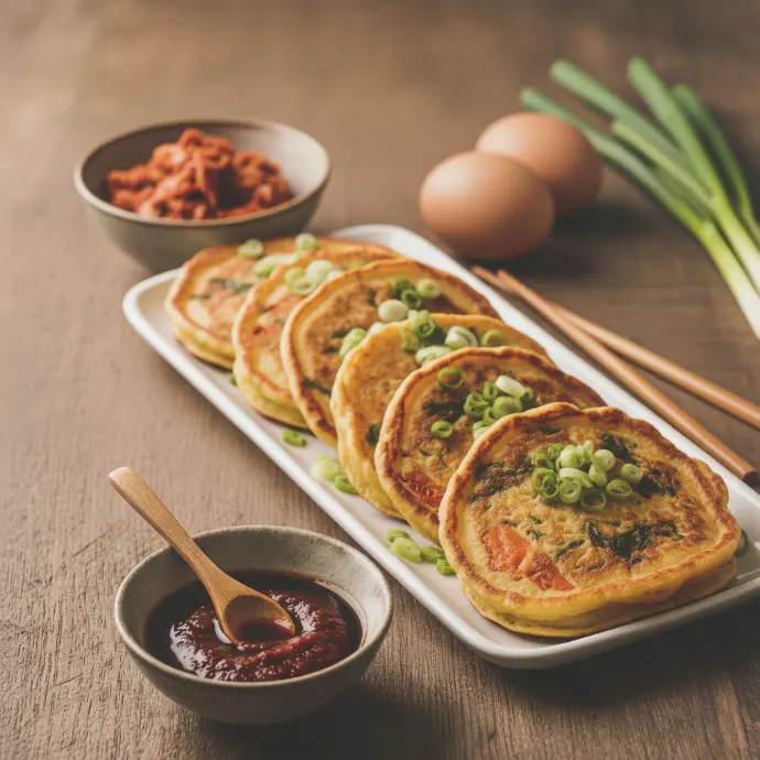 Rötlich-goldene Kimchi-Puffer mit Frühlingszwiebeln, serviert mit einer scharfen Gochujang-Soße