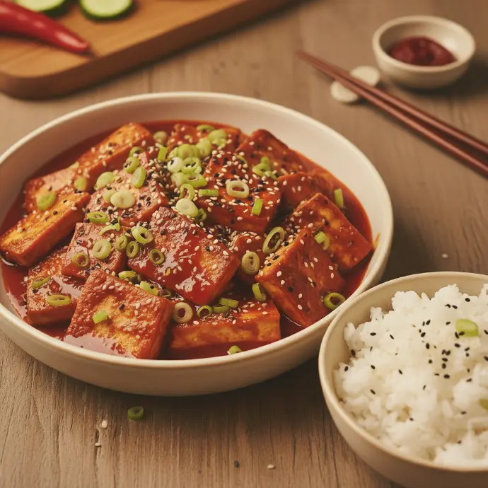 In Kimchi-Sud geschmorter Tofu serviert auf einem Bett aus Reis mit feiner Sesam-Garnitur und  geringelten Lauchzwiebeln