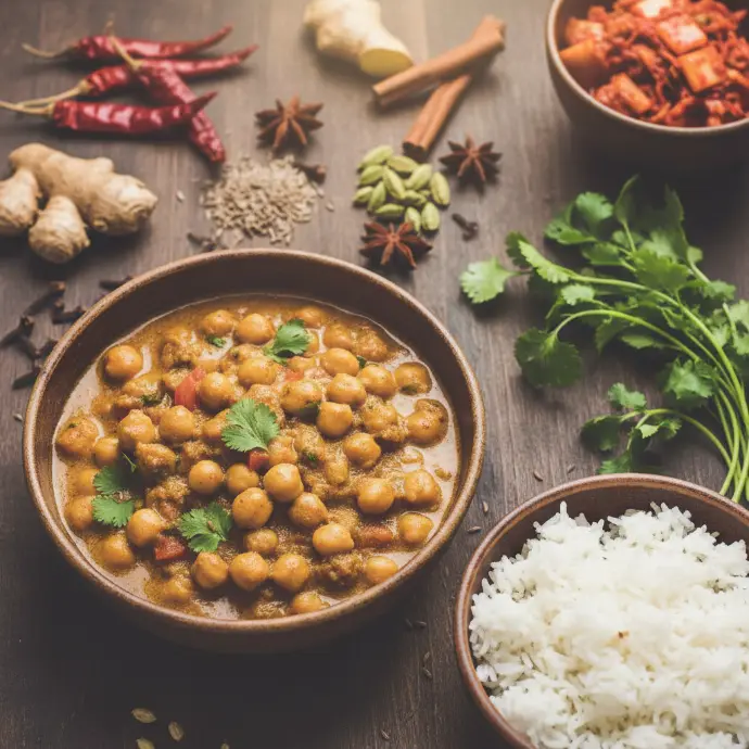 Dampfendes Kichererbsen-Curry in einer Schale mit fluffigem Reis und einer würzigen Kimchi-Beigabe von PANJANS