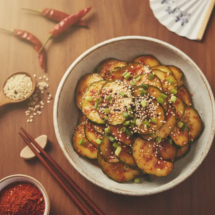 Scharfer koreanischer Gurkensalat mit roter Marinade und buntem Sesam garniert, serviert in einer Schale