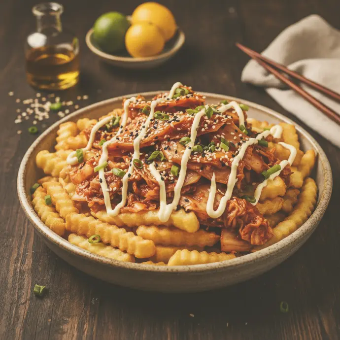 Knusprige Pommes mit PANJANS Kimchi Topping und Yuzu Mayonnaise