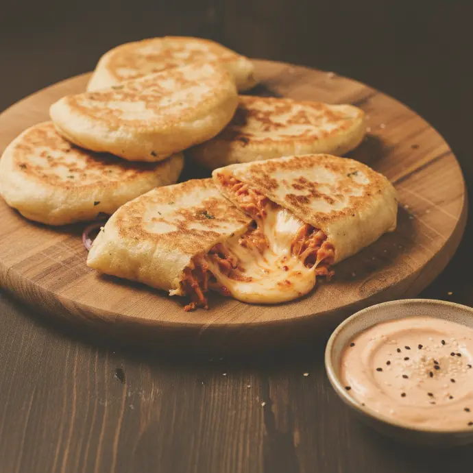 Mexikanisch-koreanische Fusion-Tortillas mit würziger Käse-Kimchi-Füllung und einer begleitenden Kimchi-Mayo-Sauce