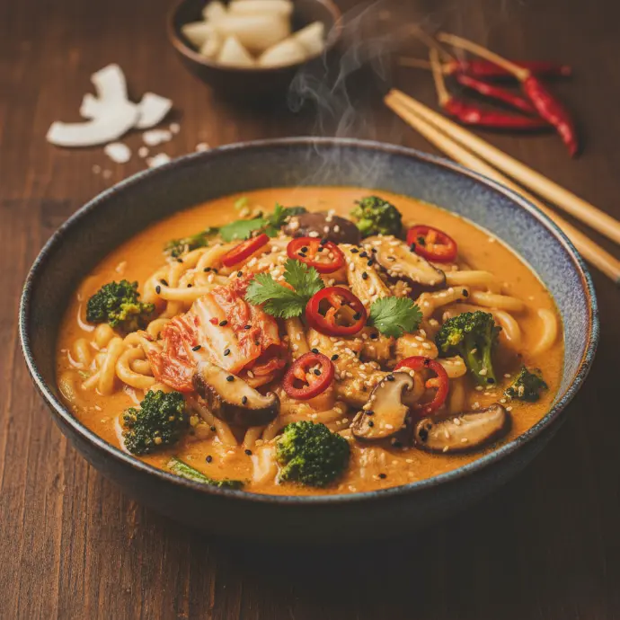 cremig würziges Kimchi Curry mit Kokosmilch und Udon Nudeln