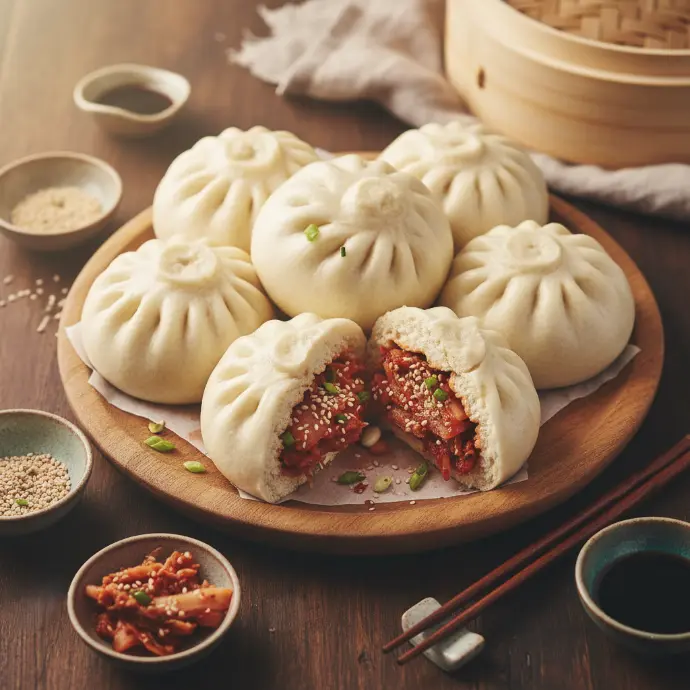 Zarte, gedämpfte Baozi mit einer herzhaften Füllung aus PANJANS Kimchi und Sesamsamen im Anschnitt