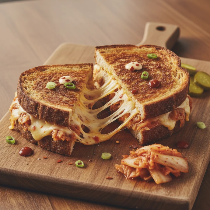 Goldbraun gegrilltes Käse-Sandwich mit geschmolzenem Käse und einer würzigen PANJANS Kimchi-Füllung