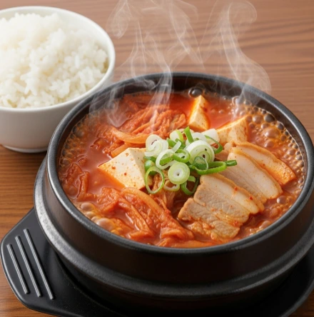 Herzhafter Kimchi-Eintopf mit zartem Schweinebauch in einer dampfenden Schüssel, serviert mit einer Beilage aus fluffigem weißem Reis