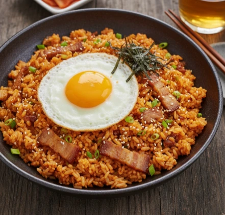 Bratreis mit Kimchi, Spiegelei und Fleisch