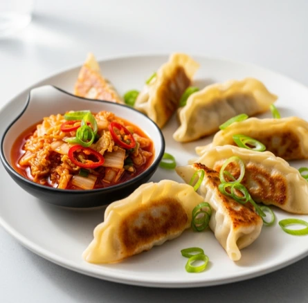 Kimchi-Hackfleisch-Teigtaschen (Gyoza) mit Dip