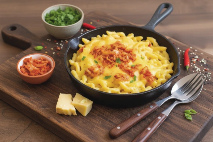 Modernes Kässpätzle-Rezept: Deutsche Käsespätzle mit PANJANS Kimchi verfeinert – ein schnelles vegetarisches Pfannengericht