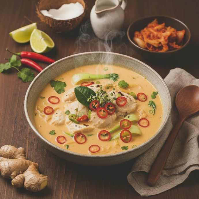 Kokos-Limetten-Fischsuppe mit PANJANS Kimchi als Beilage