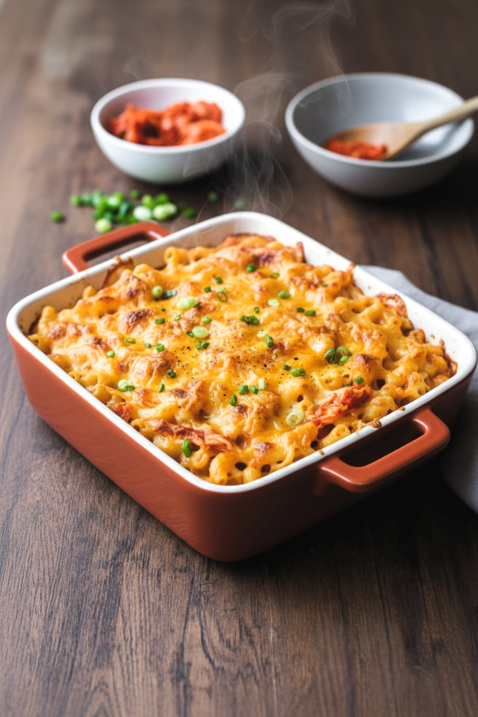 Fusion Comfort Food: Herzhafte Makkaroni mit einer schmelzenden Käsemischung und scharfem PANJANS Kimchi, serviert als moderner Auflauf