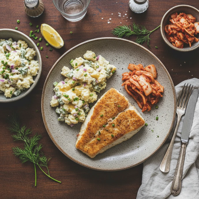 Norddeutscher Pannfisch mit Kartoffelsalat und PANJANS Kimchi – ein modernes Fischgericht mit fermentiertem Gemüse