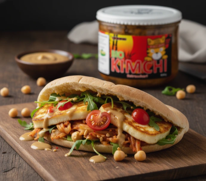 Pitabrote mit Kimchi-Halloumi-Füllung und Tahini-Dressing