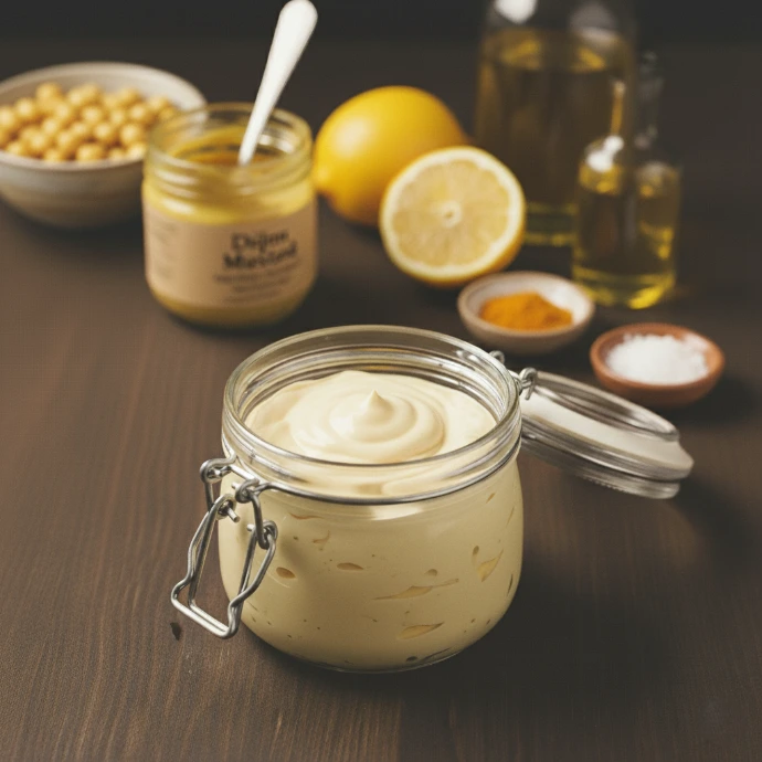 Hausgemachte eifreie Mayonnaise auf Basis von Kichererbsenwasser (Aquafaba) – gesundes PANJANS Basic-Rezept.