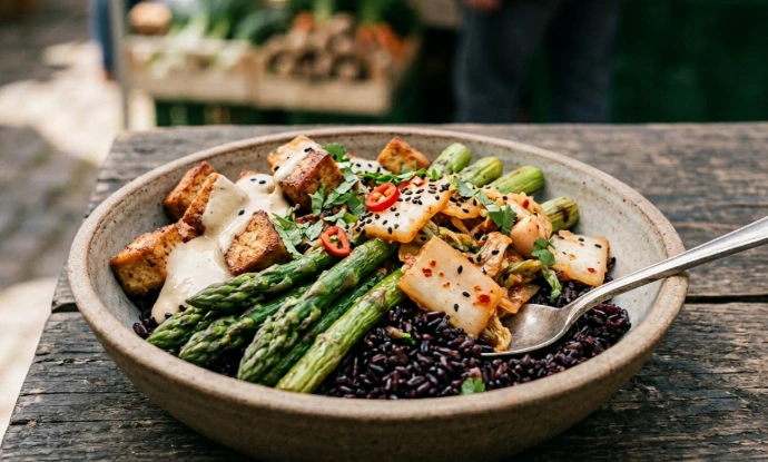 Nahaufnahme einer gesunden Fusion-Bowl mit gebratenem regionalem grünen Spargel, PANJANS Bio Kimchi, krossem Räuchertofu und schwarzem Reis auf einem rustikalen Holztisch