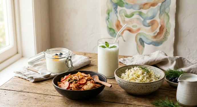 Probiotische Lebensmittel wie Kimchi und Kefir zur Unterstützung der Darmgesundheit und Darmflora