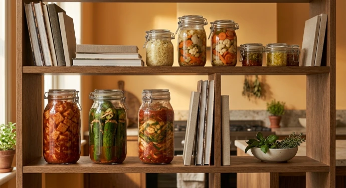 Offenes Holzregal in einer warmen Küche mit verschiedenen fermentierten Kimchi-Sorten wie Kkakdugi und Oi-Sobagi in Gläsern sowie weiteren fermentierten Lebensmitteln und Kochbüchern