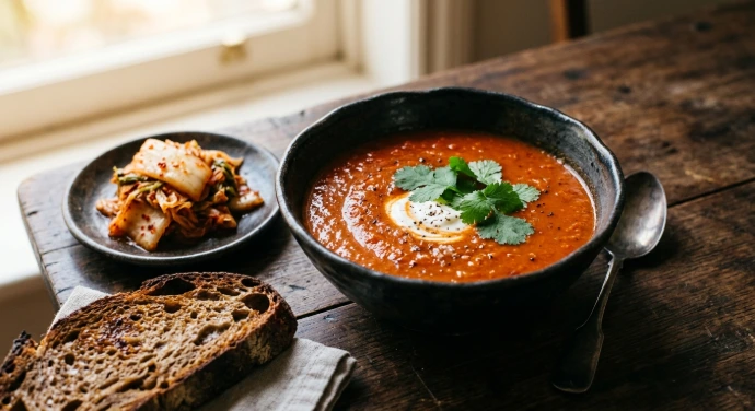 Geröstete Tomaten-Paprika-Kimchi-Suppe mit frischen Kräutern und knusprigem Brot serviert Geröstete Tomaten-Paprika-Kimchi-Suppe mit frischen Kräutern und knusprigem Brot serviert
