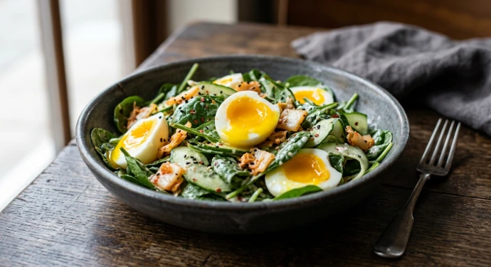 Frischer Blattsalat mit gekochtem Ei, Gurke, Frühlingszwiebeln und PANJANS Kimchi mit cremigem Dressing in einer Schüssel