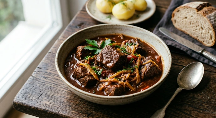 Geschmortes Rindergulasch mit PANJANS Bio-Kimchi in einer rustikalen Schüssel, serviert mit Kartoffeln auf einem dunklen Holztisch.