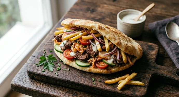 Frisch gefüllter Kimchi-Döner mit gegrilltem Fleisch, PANJANS Bio-Kimchi, knusprigen Kartoffelstreifen, Salat und Joghurt-Knoblauch-Sauce in einem warmen Fladenbrot. Frisch gefüllter Kimchi-Döner mit gegrilltem Fleisch, PANJANS Bio-Kimchi, knusprigen Kartoffelstreifen, Salat und Joghurt-Knoblauch-Sauce in einem warmen Fladenbrot.