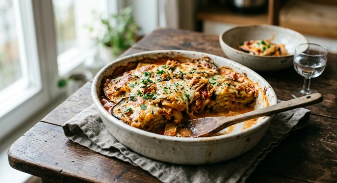 Goldbraun überbackenes Auberginen-Gratin mit PANJANS Bio-Kimchi in einer Keramik-Auflaufform, frisch aus dem Ofen serviert.