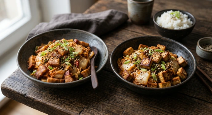 PANJANS Bio-Kimchi mit knusprigem Speck und Räuchertofu, verfeinert mit Sesam und Frühlingszwiebeln in einer Schale.