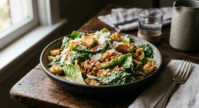 PANJANS Kimchi Caesar-Salat mit Römersalat, Parmesan, knusprigen Croûtons und würzigem Sesam-Kimchi-Dressing in einer Keramikschale.