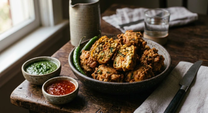 Knusprige Kimchi-Tofu-Pakoras mit PANJANS Bio-Kimchi, goldbraun frittiert und serviert mit Chutney auf einem dunklen Holztisch.rige Kimchi-Tofu-Pakoras mit PANJANS Bio-Kimchi, goldbraun frittiert und serviert mit Chutney auf einem dunklen Holztisch.