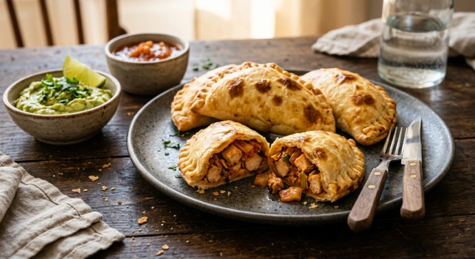 PANJANS Kimchi-Hähnchen-Empanadas mit goldbrauner Teighülle, herzhafter Hähnchen-Kimchi-Füllung und passendem Dip auf einem dunklen Holztisch.