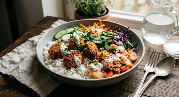 PANJANS Kimchi-Falafel-Bowl mit Reis, knusprigen Falafel, fermentiertem Kimchi, frischem Gemüse und cremigem Joghurtdressing in einer Schale. PANJANS Kimchi-Falafel-Bowl mit Reis, knusprigen Falafel, fermentiertem Kimchi, frischem Gemüse und cremigem Joghurtdressing in einer Schale.