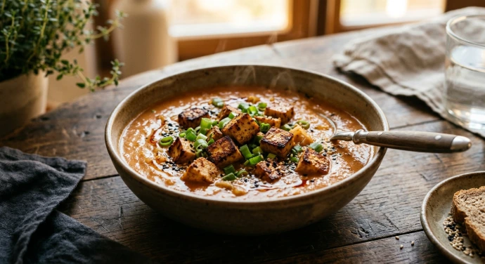 Cremige Kimchi-Lauch-Suppe mit PANJANS Bio-Kimchi, Räuchertofu, Frühlingszwiebeln und Sesam in einer Keramikschale. Cremige Kimchi-Lauch-Suppe mit PANJANS Bio-Kimchi, Räuchertofu, Frühlingszwiebeln und Sesam in einer Keramikschale.