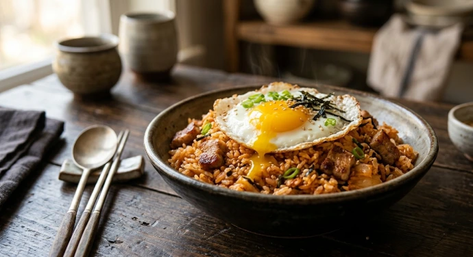 Kimchi-Bratreis mit PANJANS Bio-Kimchi, gebratenem Fleisch, Spiegelei, Frühlingszwiebeln und Sesam in einer Schale angerichtet.