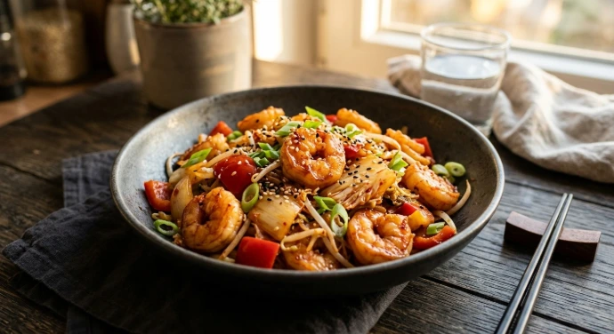 Kimchi-Garnelen aus dem Wok mit PANJANS Bio-Kimchi, Paprika, Gemüse, Frühlingszwiebeln und Sesam in einer Schale angerichtet.
