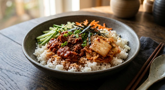 Koreanisch gewürzter Thunfisch Deopbap mit Reis, Gemüse und PANJANS Kimchi in einer Schüssel
