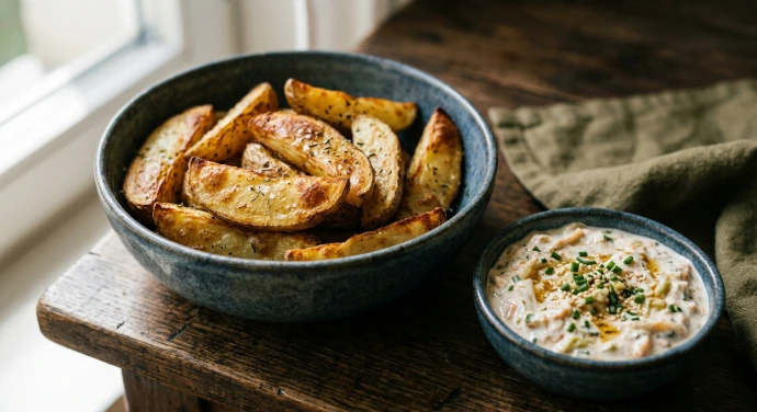 Knusprige Kartoffelspalten aus dem Ofen mit cremigem Kimchi-Dip in einer Keramikschale auf dunklem Holztisch.