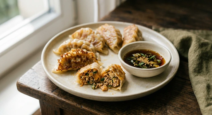 Goldbraun gebratene Kimchi-Gyoza mit Schweinehack und Kimchi-Dip auf einer Keramikplatte.