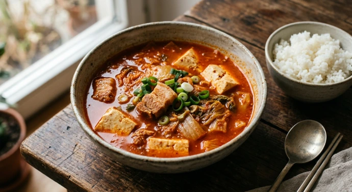 Koreanischer Kimchi-Eintopf mit Schweinebauch, Tofu und Reis in einer Keramikschüssel.