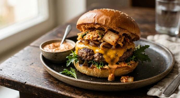 Saftiger Kimchi-Cheeseburger mit geschmolzenem Cheddar, PANJANS Kimchi und Kimchi-Sauce auf Brioche-Brötchen.