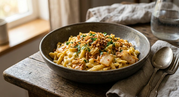 Cremige Kimchi-Käse-Spätzle mit geschmolzenem Käse, Kimchi und Röstzwiebeln auf einem rustikalen Keramikteller.